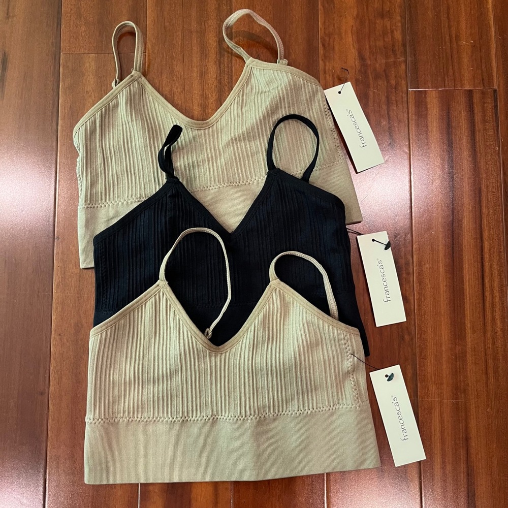 Francesca's Seamless Bralette Bra mi ami 3 Pack Black Beige Tan Rib VNeck New XS